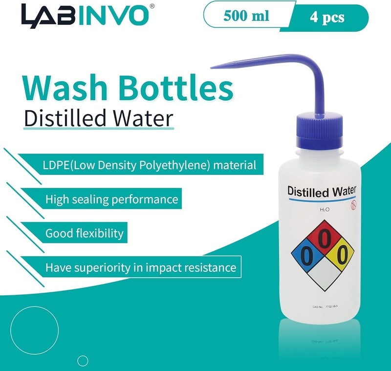 LINVO 4pcs of Distilled Water Wash Bottles, Vol.500ml (17oz), Narrow Mouth, Self-Venting Safety Wash Bottles, LDPE Material, IN-WBD500 - Image 1